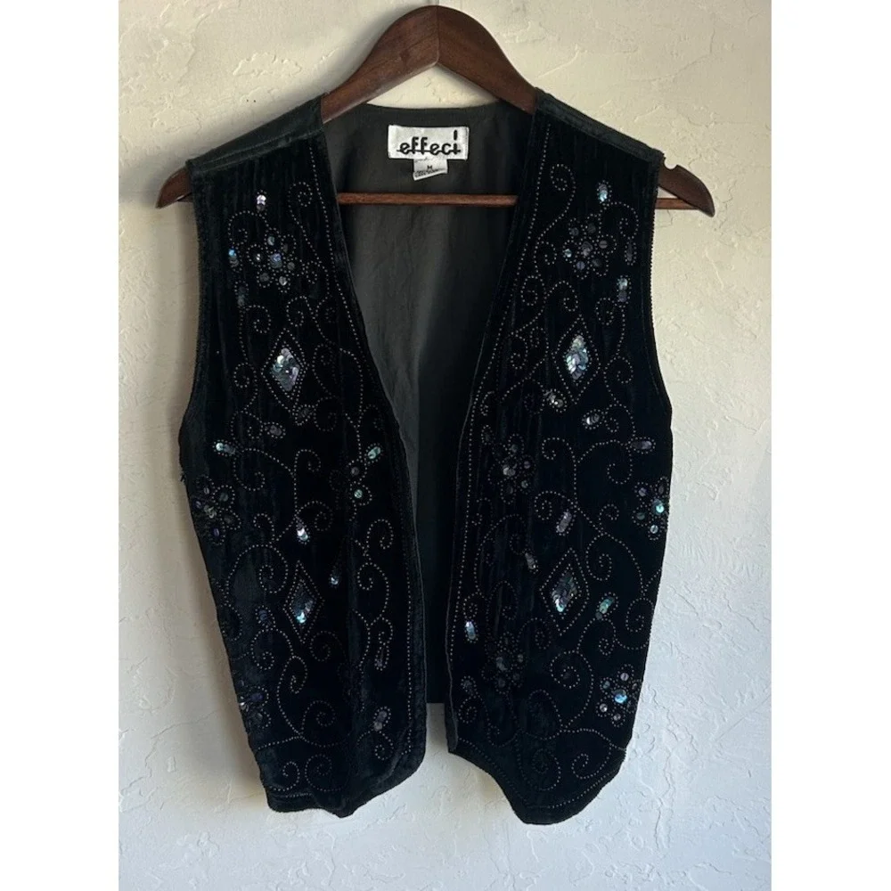 Vintage 90s Effeci Beaded Sequin Velvet Vest M Whimsigoth Black Fairy Witchy